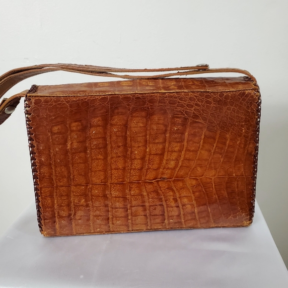 Vintage 70's Reptile Skin Satchel Tan Triangular Lacing - Picture 3 of 10
